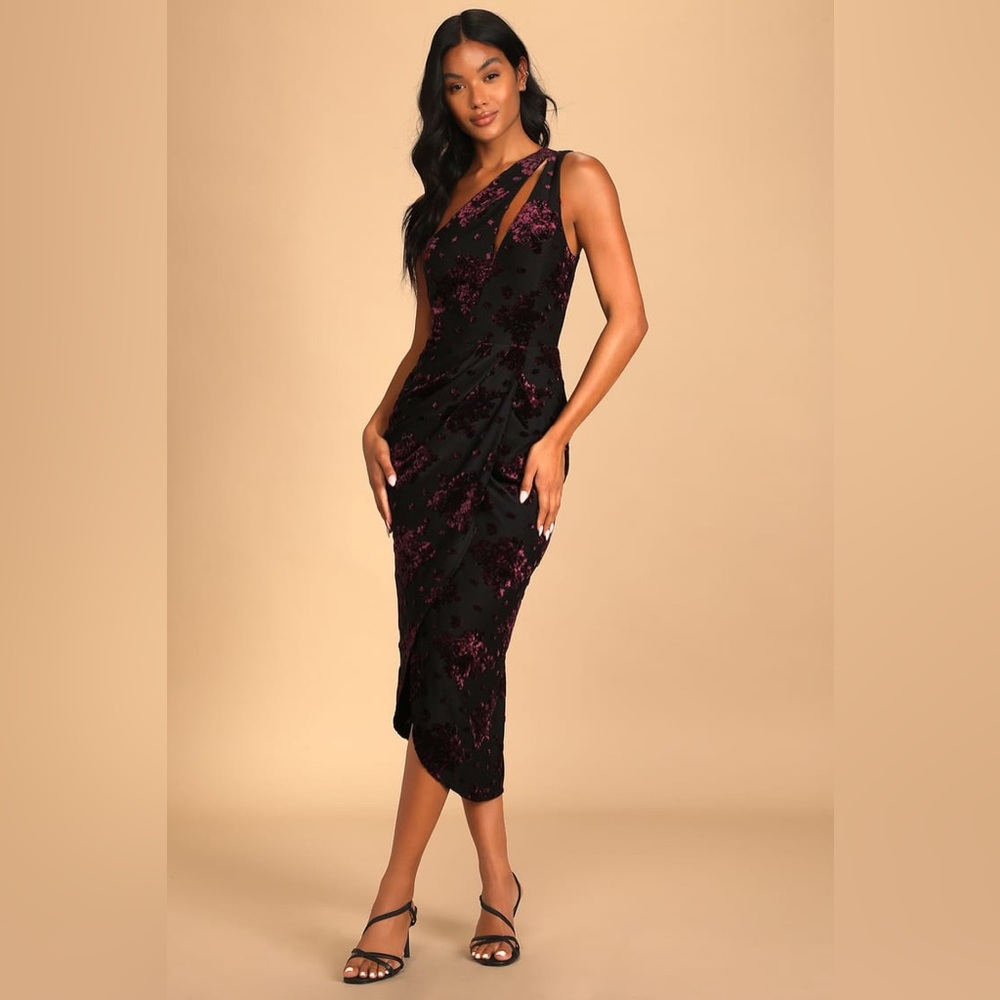 Lulus “Drinks at Dusk” Black Floral Burnout Velvet One-Shoulder Dress Size XS